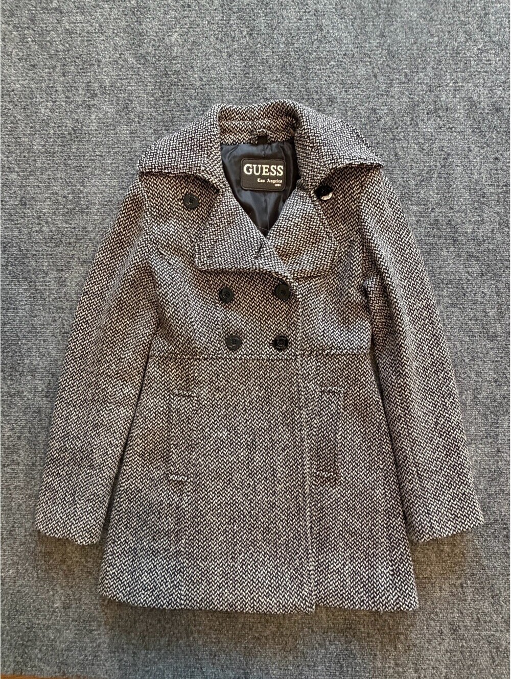 Guess Black Charcoal Wool Blend Herringbone Pea Coat Size Small Winter Lux Warm